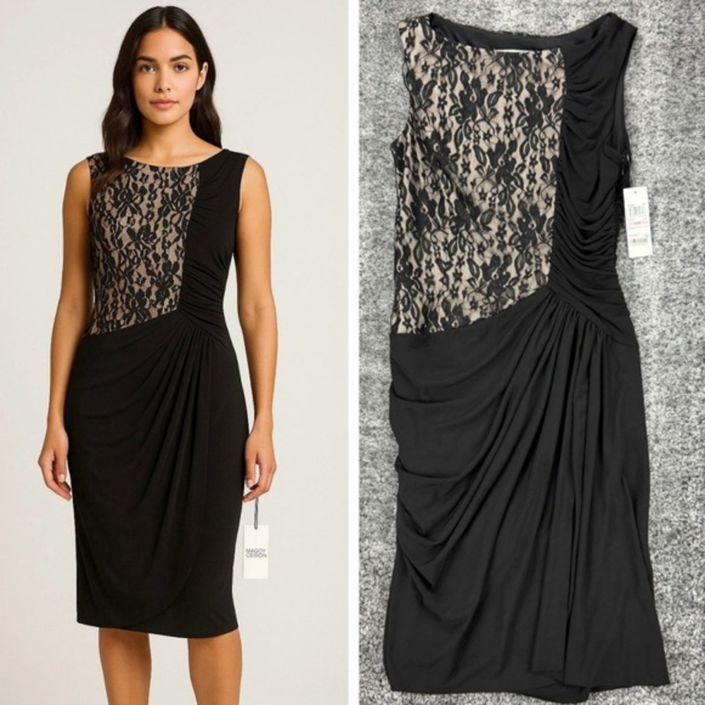NEW Maggy London Petites Womens Size 10P Black Lace-Contrast Ruched Sheath Dress